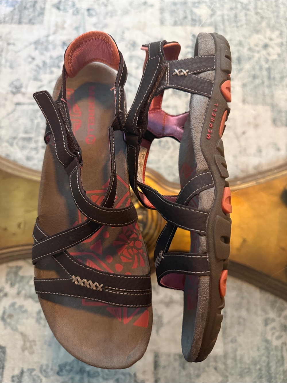 Merrell Cocoa and Coral Sandspur Leather Outdoor Strappy Sandals Womens Size 10